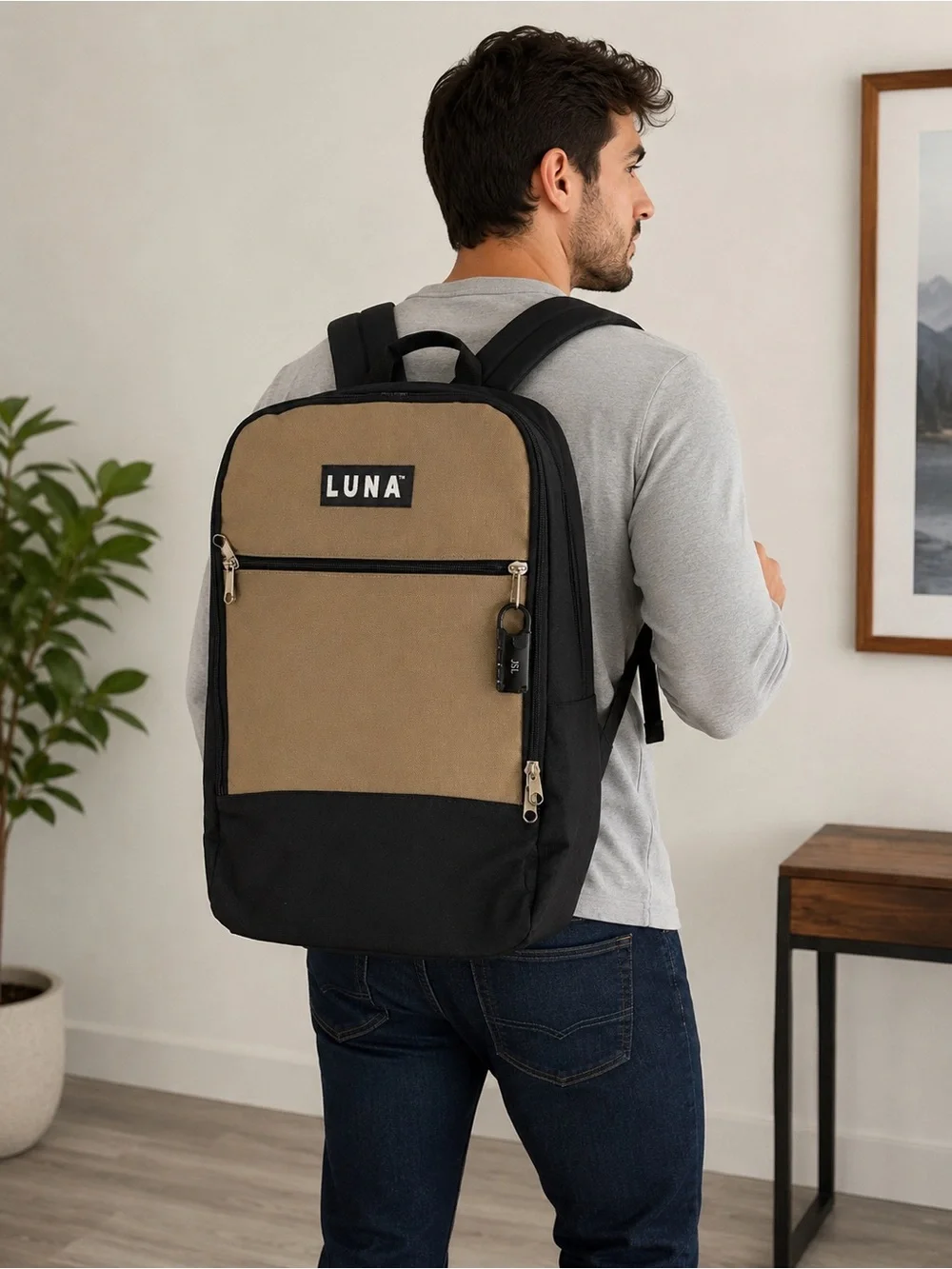 LUNA Travel Backpack Unisex Tan and Black Everyday Backpack
